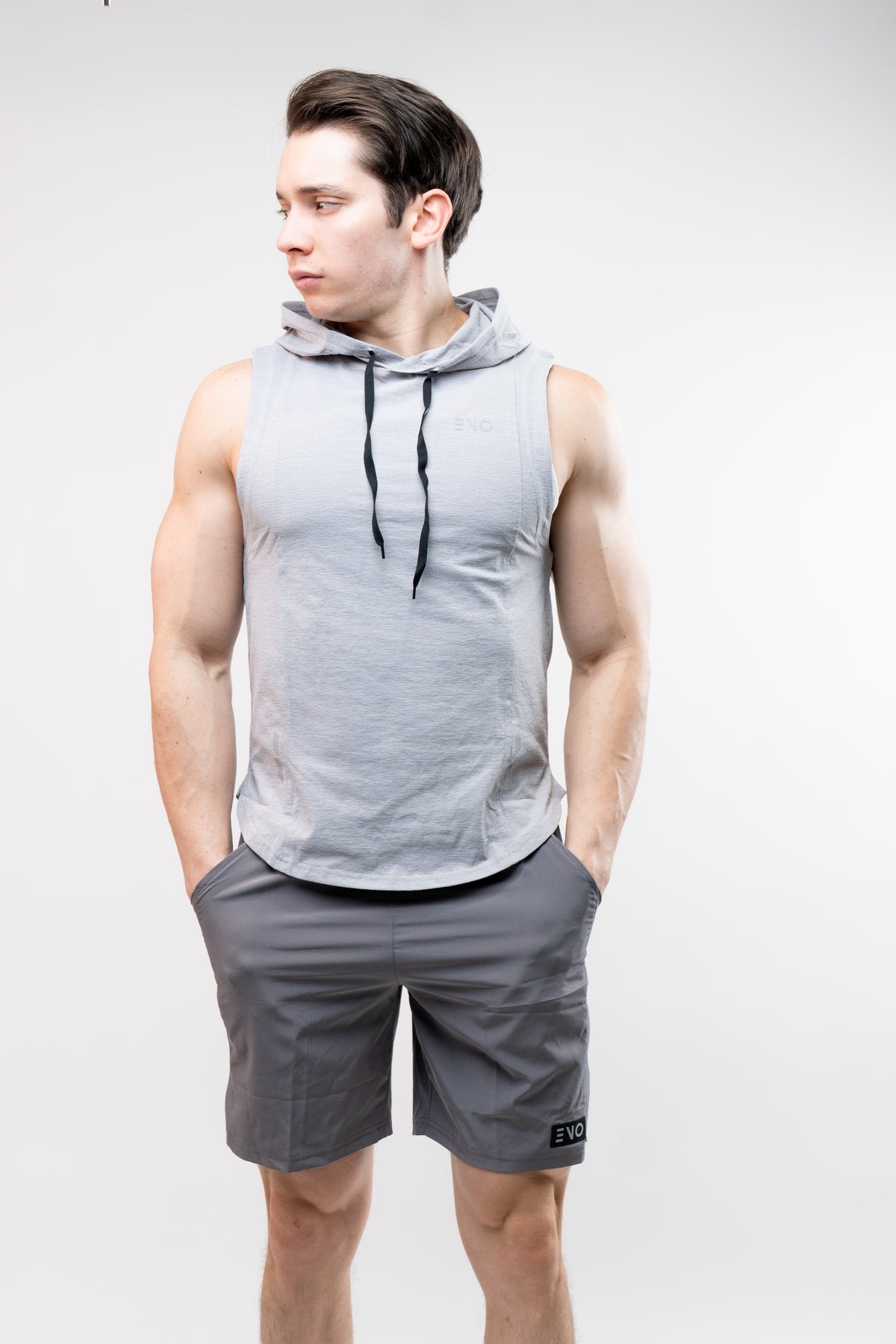 Workout No-Sleeve Hoodie Shirt Grey